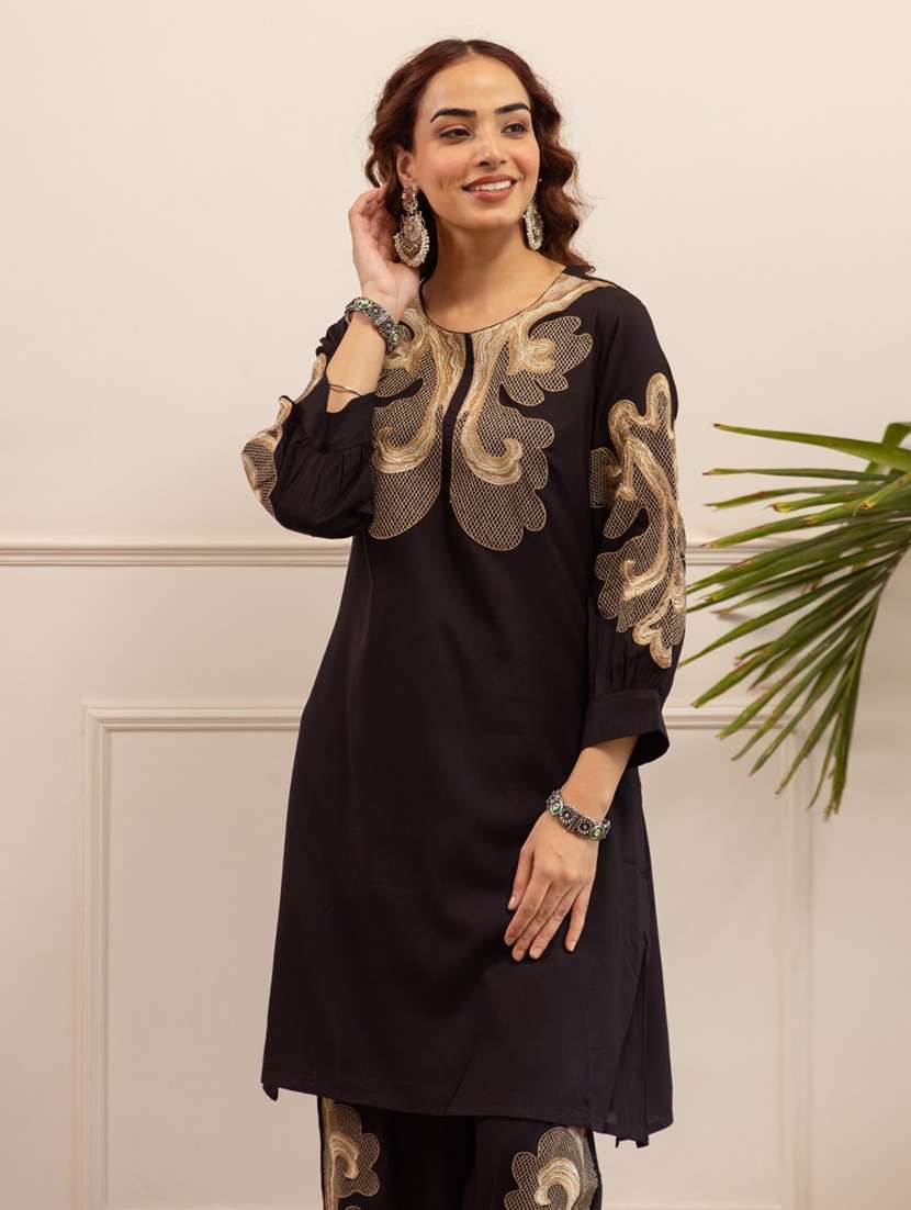 women solid with work three quarter sleeve ethnic co-ord set - 22079903 - Standard Image - 5