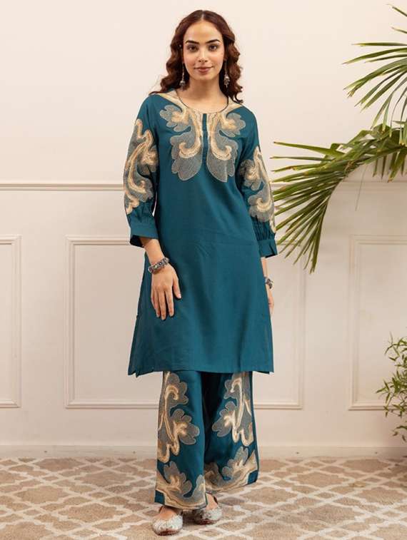 women solid with work three quarter sleeve ethnic co-ord set
