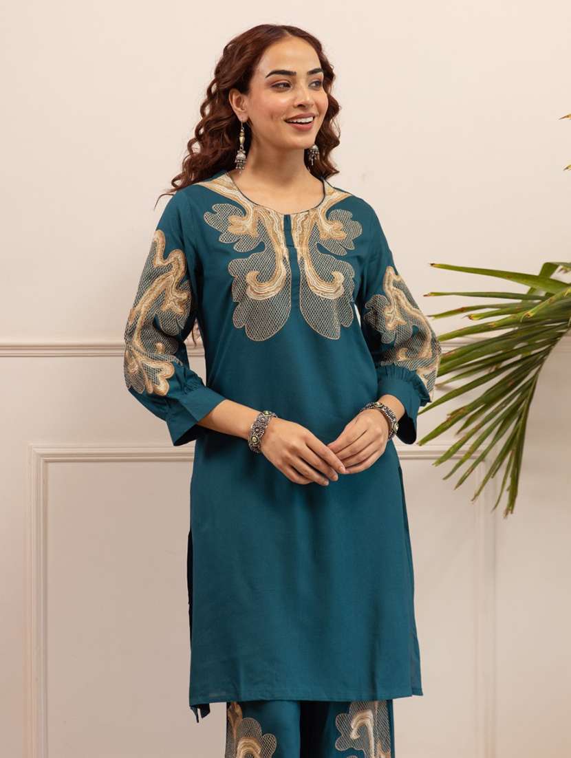 women solid with work three quarter sleeve ethnic co-ord set - 22079904 - Standard Image - 3