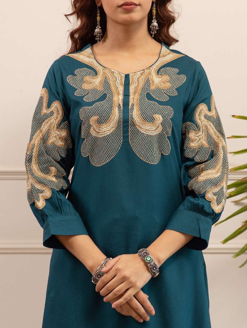 women solid with work three quarter sleeve ethnic co-ord set - 22079904 - Standard Image - 5