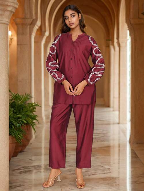 women solid with work long sleeve ethnic co-ord set - 22079915 -  Standard Image - 0