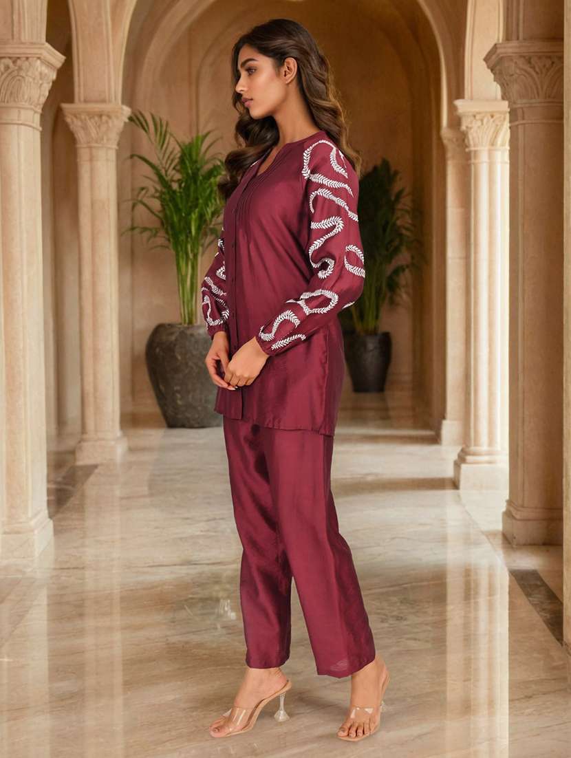 women solid with work long sleeve ethnic co-ord set - 22079915 - Standard Image - 3