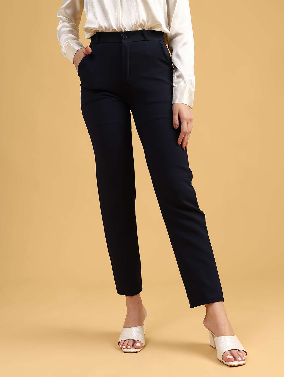 women solid high rise cigarette pants