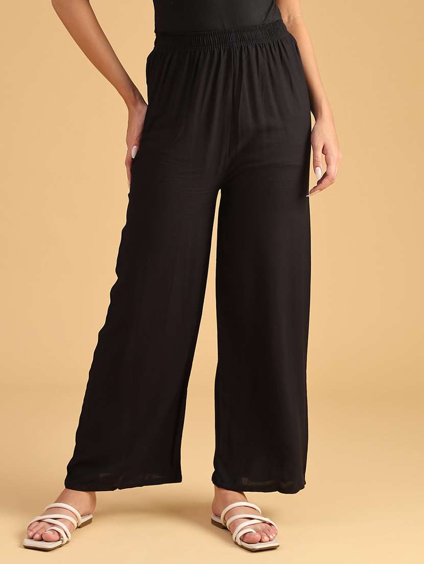 women solid mid rise flared palazzo