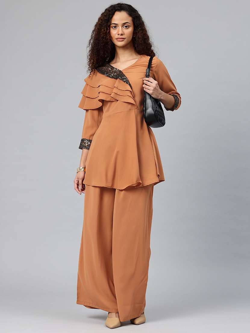 rust polyester top and palazzos set coord