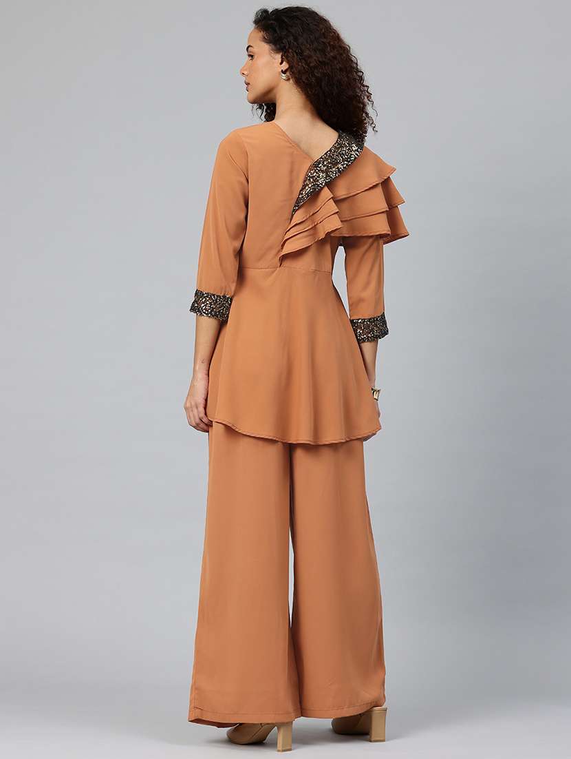 rust polyester top and palazzos set coord - 22080534 -  Standard Image - 3