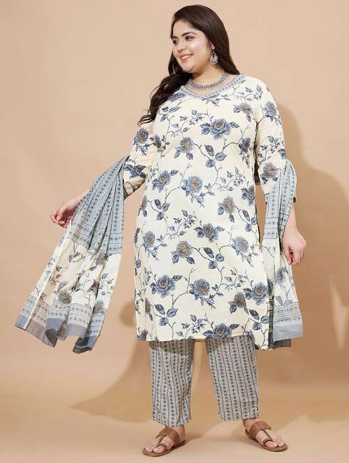 women floral three quarter sleeve kurta pant with dupatta set - 22080551 -  Standard Image - 0