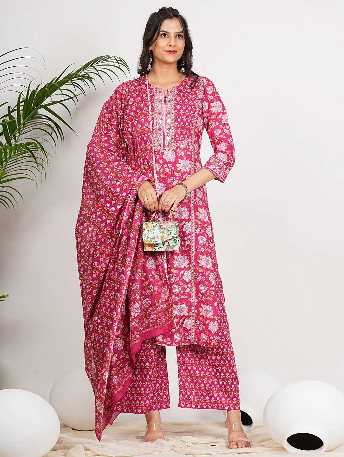 women three quarter sleeve kurta palazzo with dupatta set