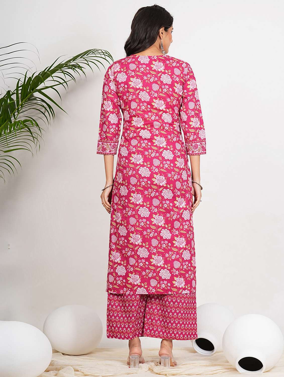 women three quarter sleeve kurta palazzo with dupatta set - 22080564 - Standard Image - 3
