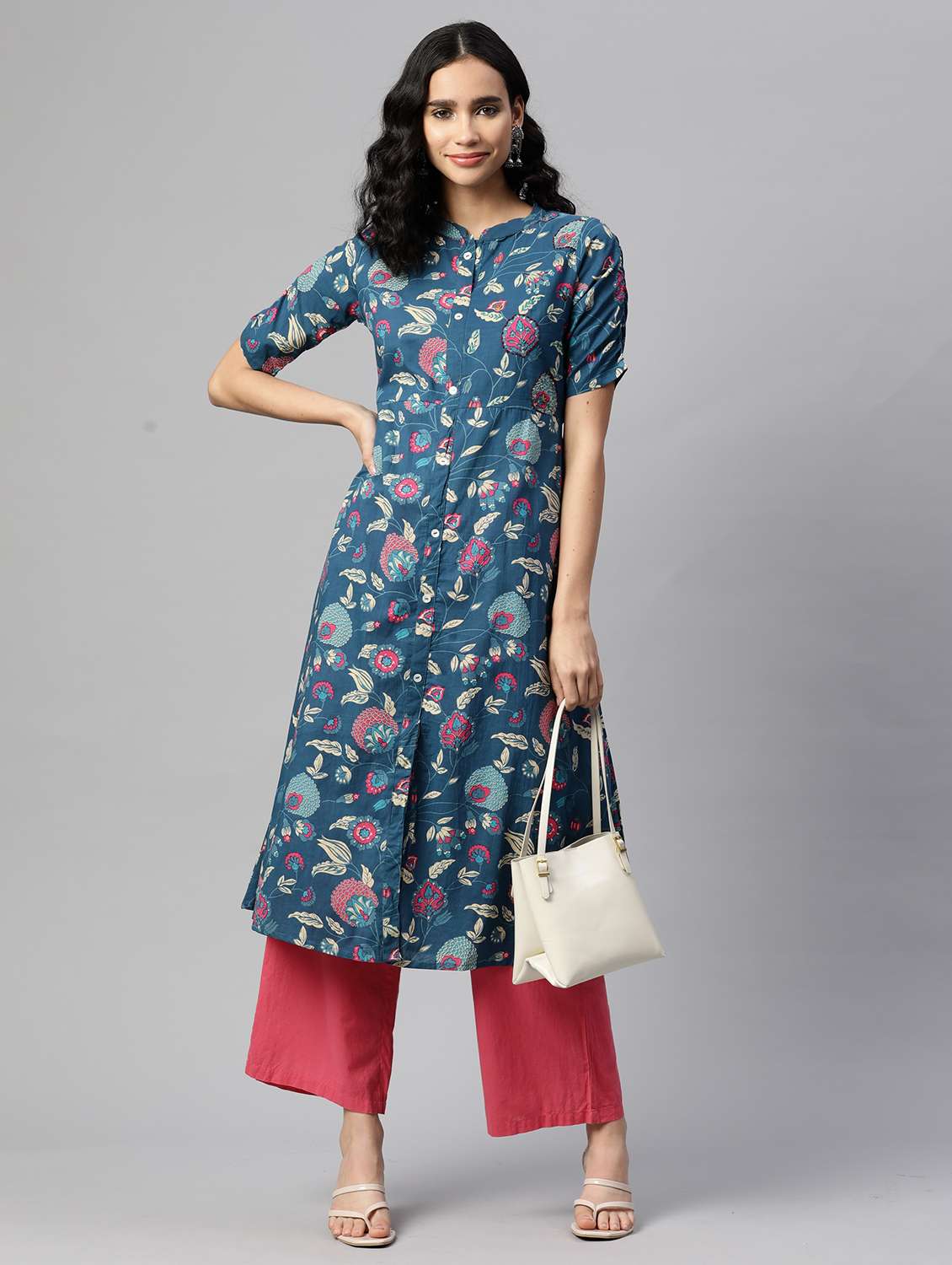 women floral printed short sleeve a-line kurta - 22080567 -  Zoom Image - 0