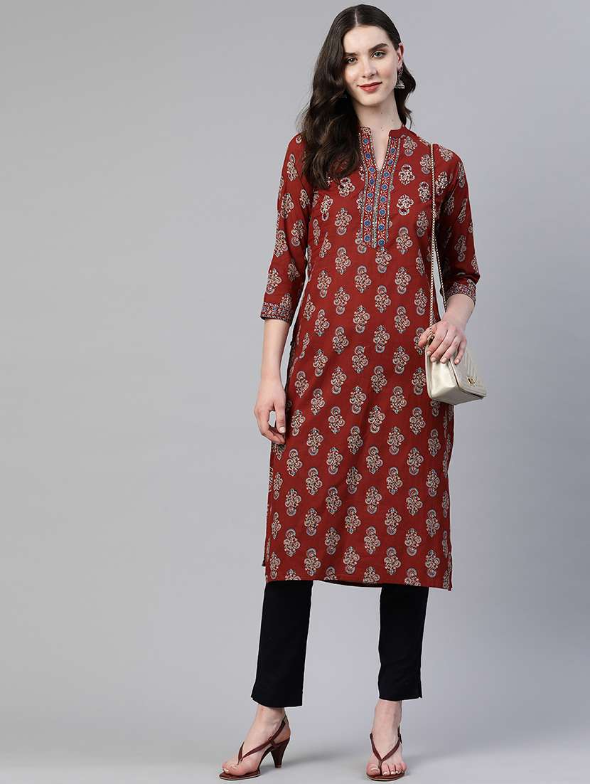 women floral printed three quarter sleeve straight kurta