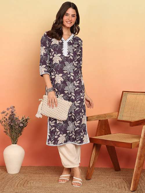 women floral three quarter sleeve straight kurta - 22080573 - Standard Image - 0
