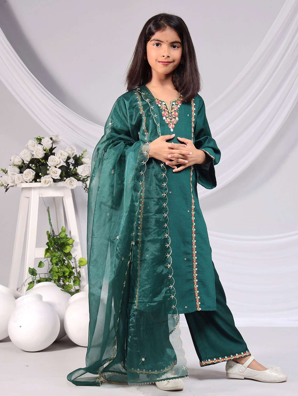 girls embroidered kurta and palazzo with dupatta  