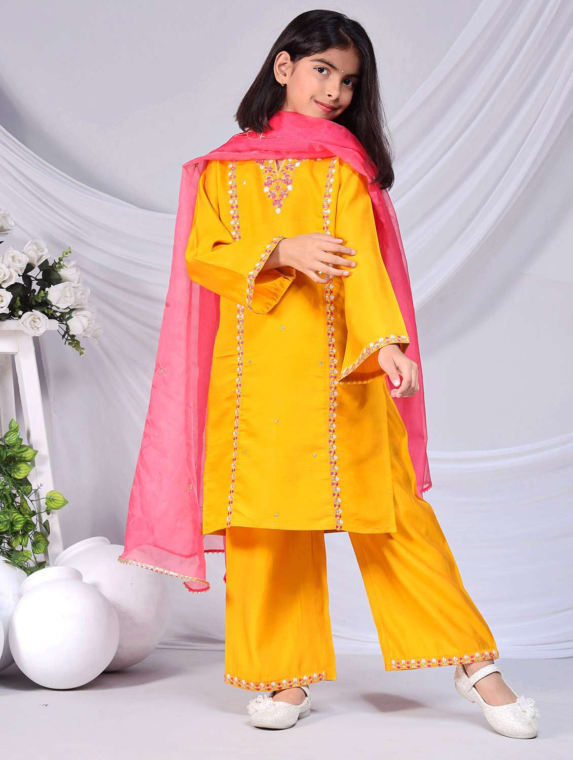 girls embroidered kurta and palazzo with dupatta  