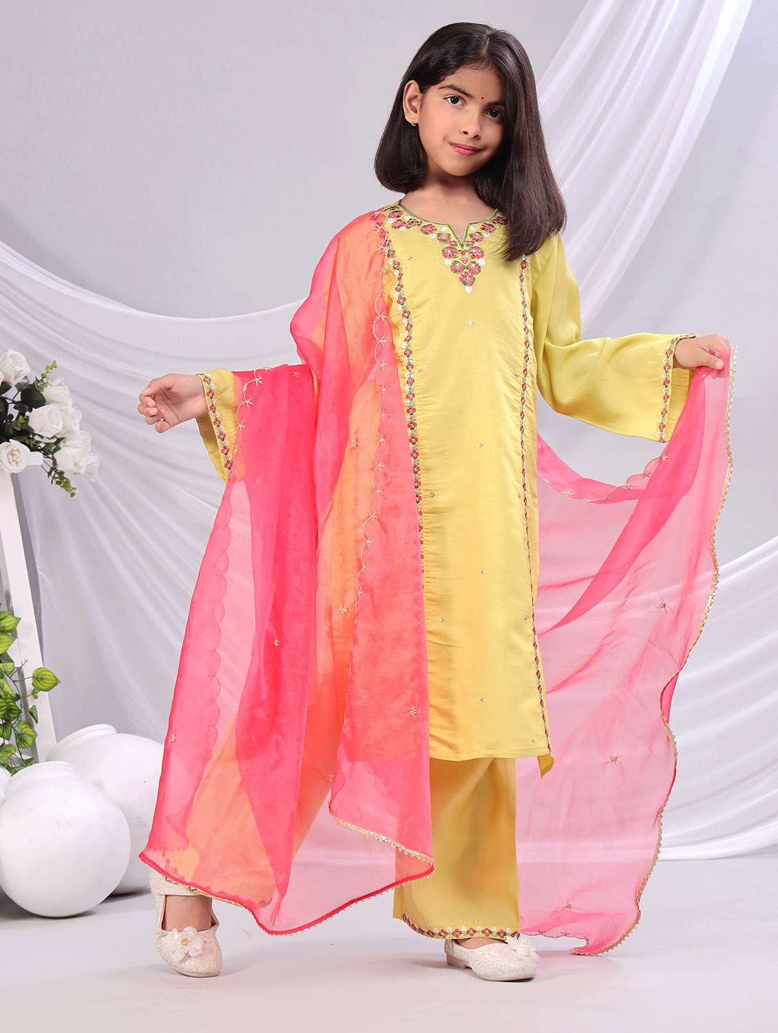girls embroidered kurta and palazzo with dupatta  