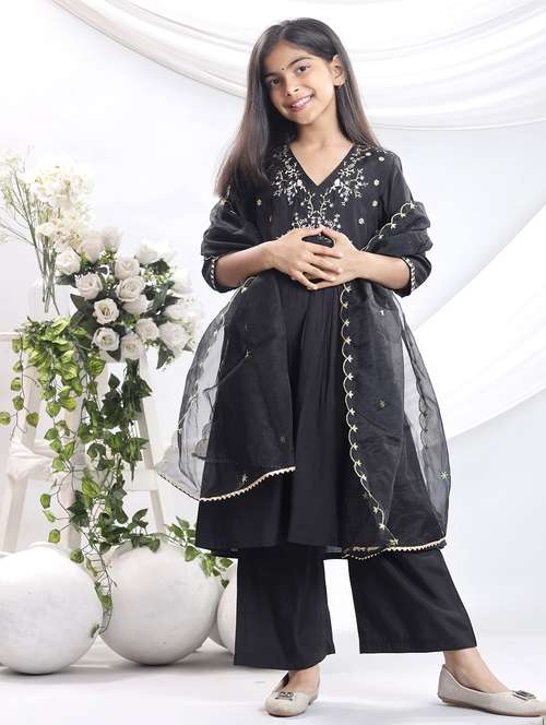  girls embroidered kurta and palazzo with dupatta   - 22080639 -  Standard Image - 0