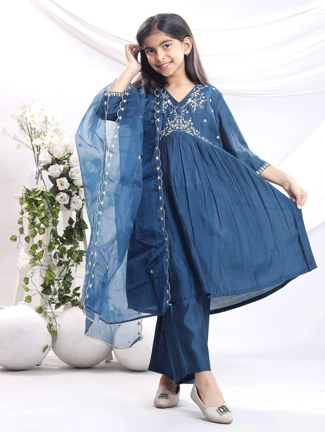 blue silk blend suit set