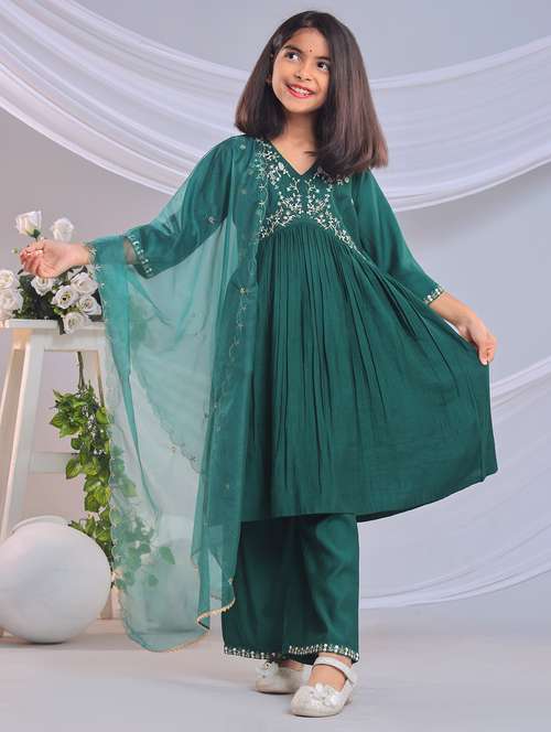 girls embroidered kurta and palazzo with dupatta - 22080641 - Standard Image - 0