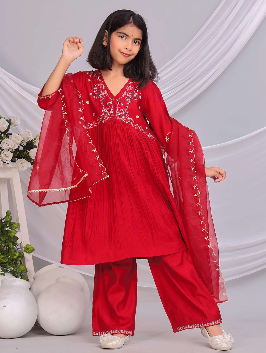 red silk blend suit set