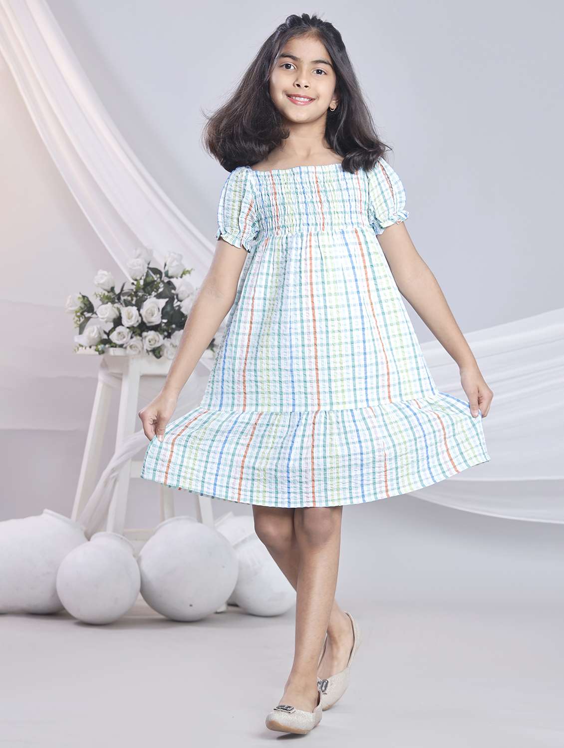 women checkered off shoulder tiered dress