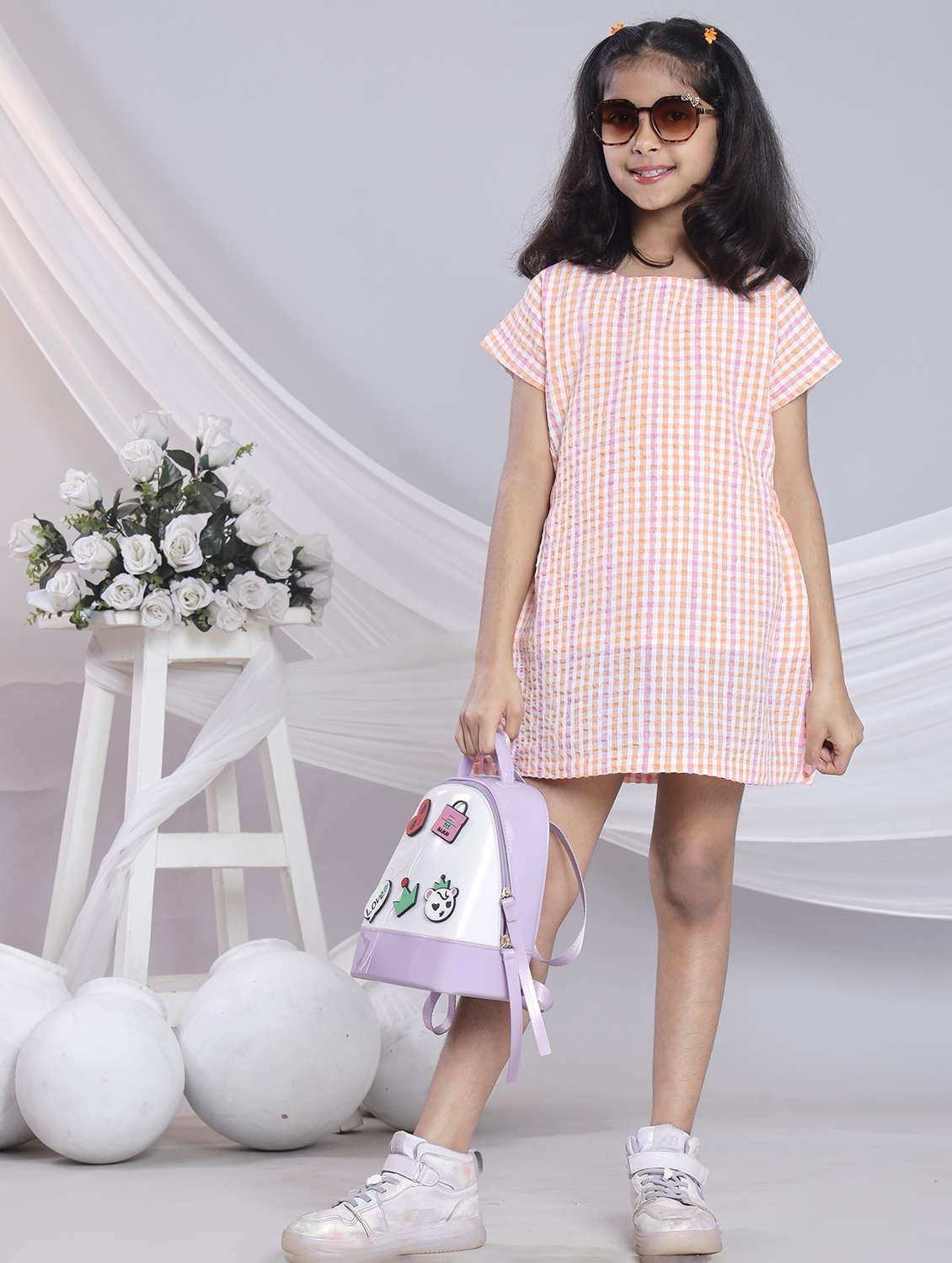 girls checkered short sleeve a-line dress