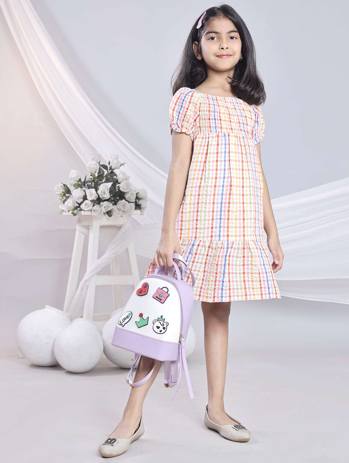 girls checkered off shoulder tiered dress