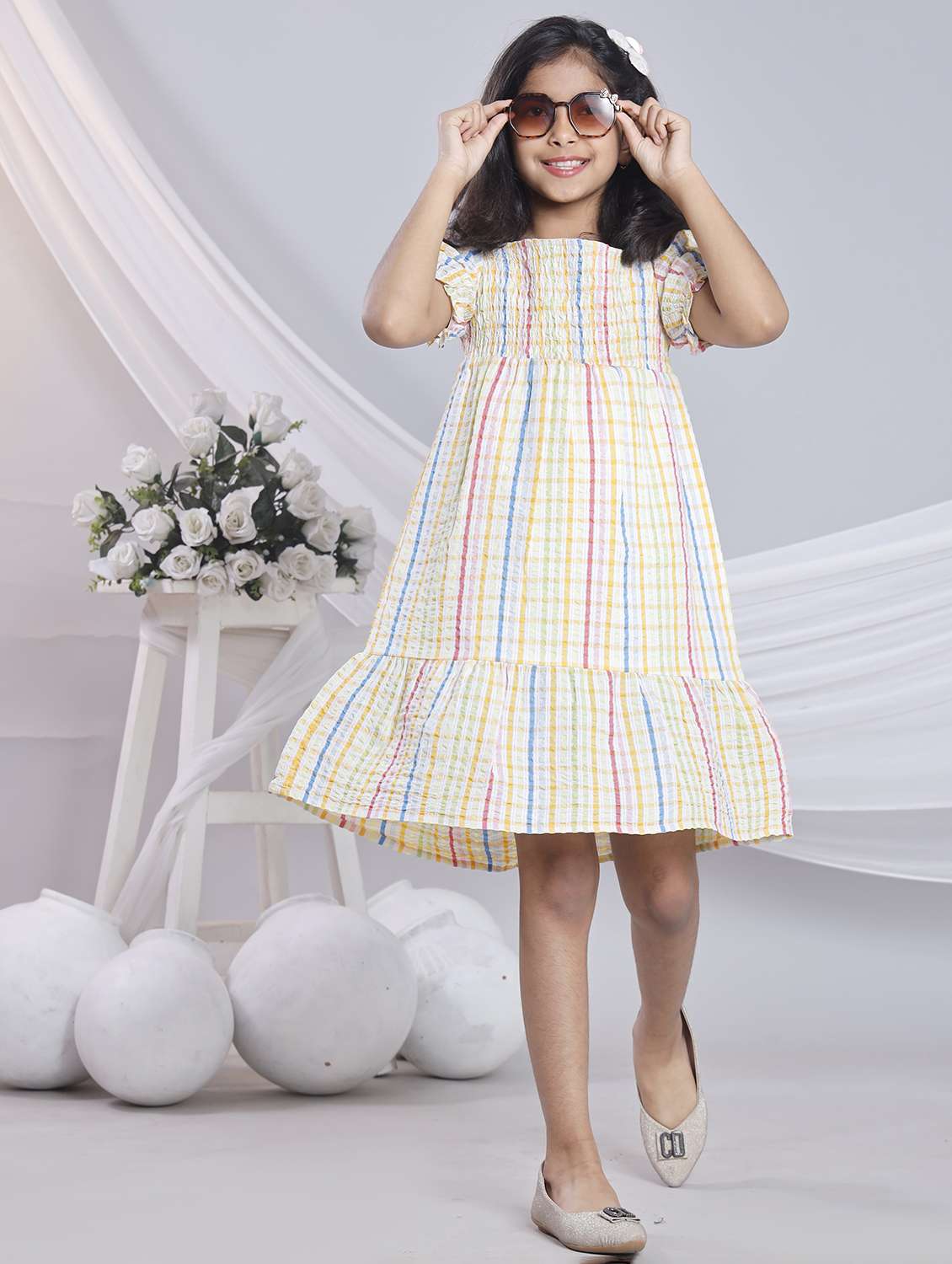 girls checkered off shoulder tiered dress