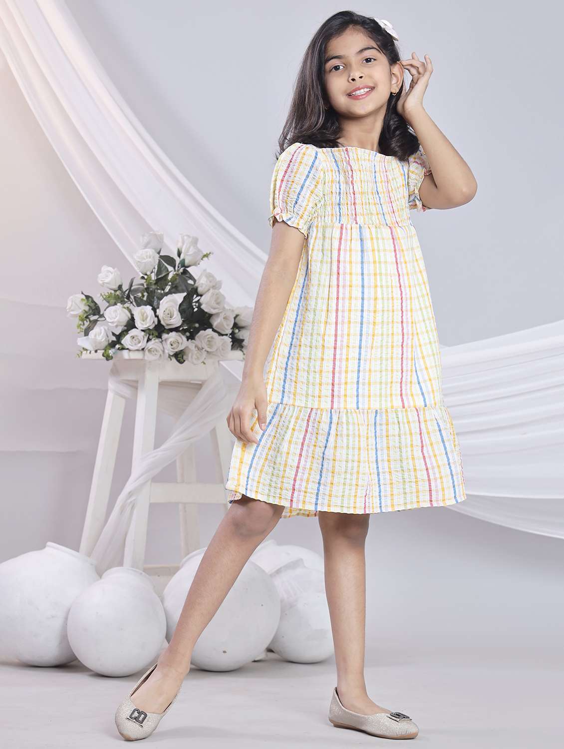 girls checkered off shoulder tiered dress - 22080657 -  Standard Image - 3