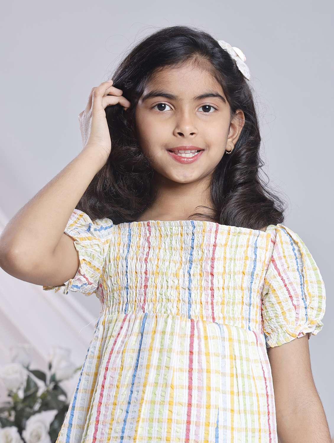 girls checkered off shoulder tiered dress - 22080657 -  Standard Image - 5