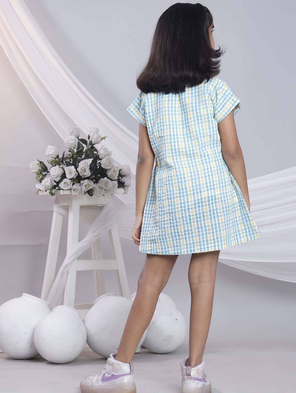 girls checkered short sleeve a-line dress - 22080658 - Standard Image - 3