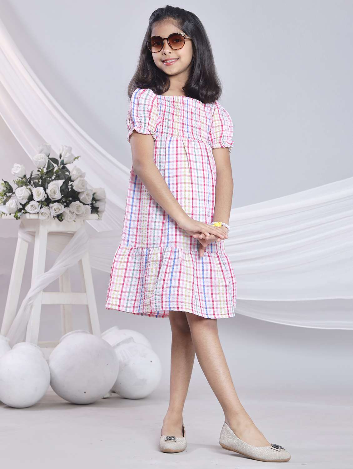 girls checkered off shoulder tiered dress