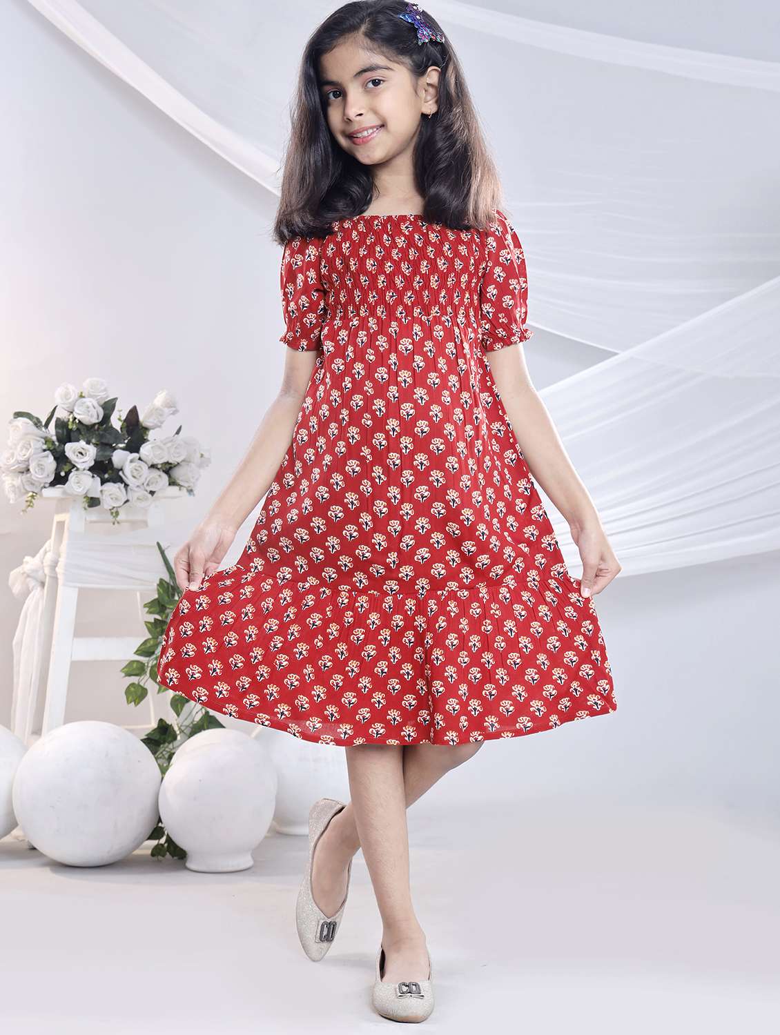 girls polka doted off shoulder tiered dress