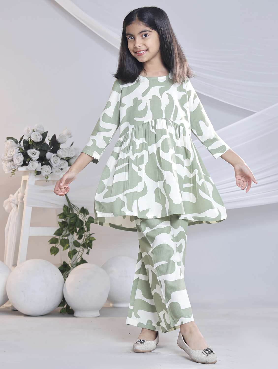 girls printed three quarter sleeve kurta and palazzo set 