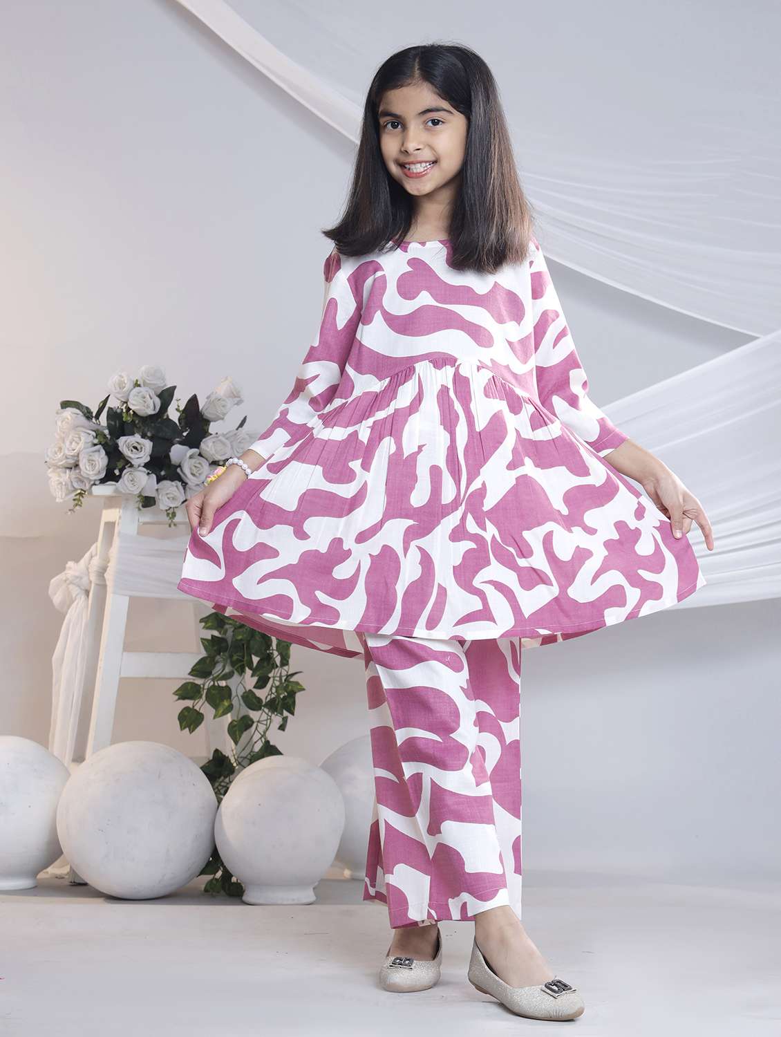 girls printed three quarter sleeve kurta and palazzo set 