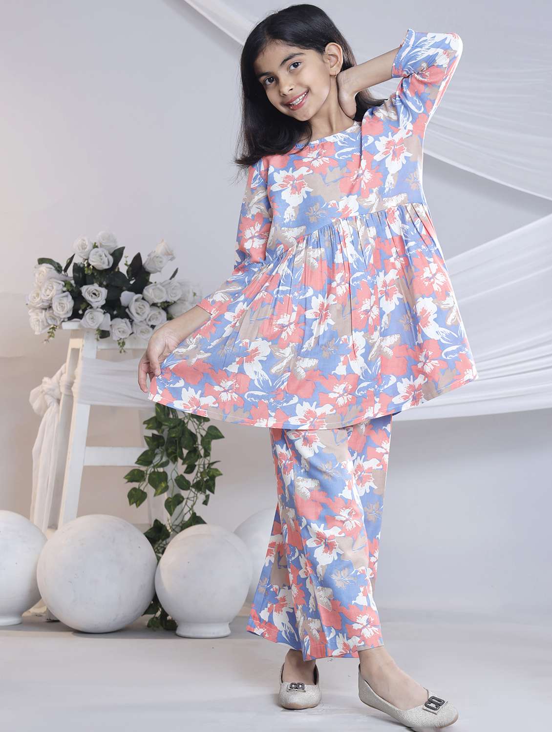 girls printed three quarter sleeve kurta and palazzo set 