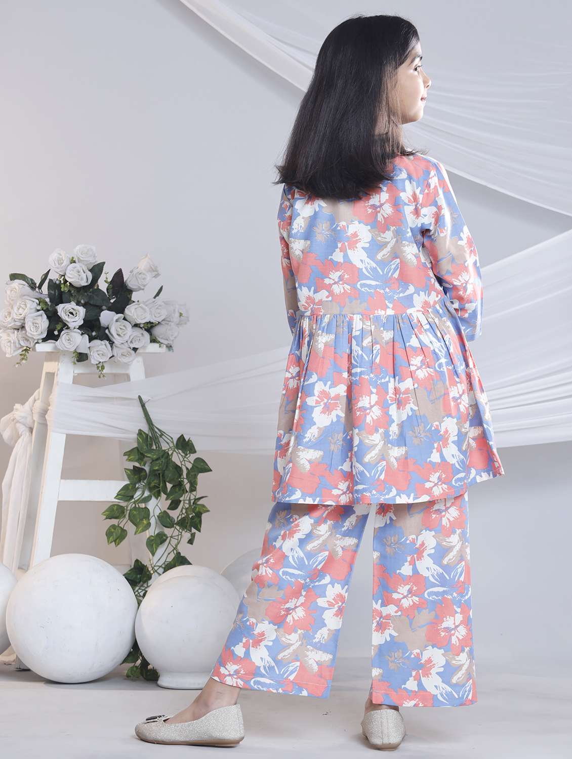 girls printed three quarter sleeve kurta and palazzo set  - 22080665 -  Standard Image - 3