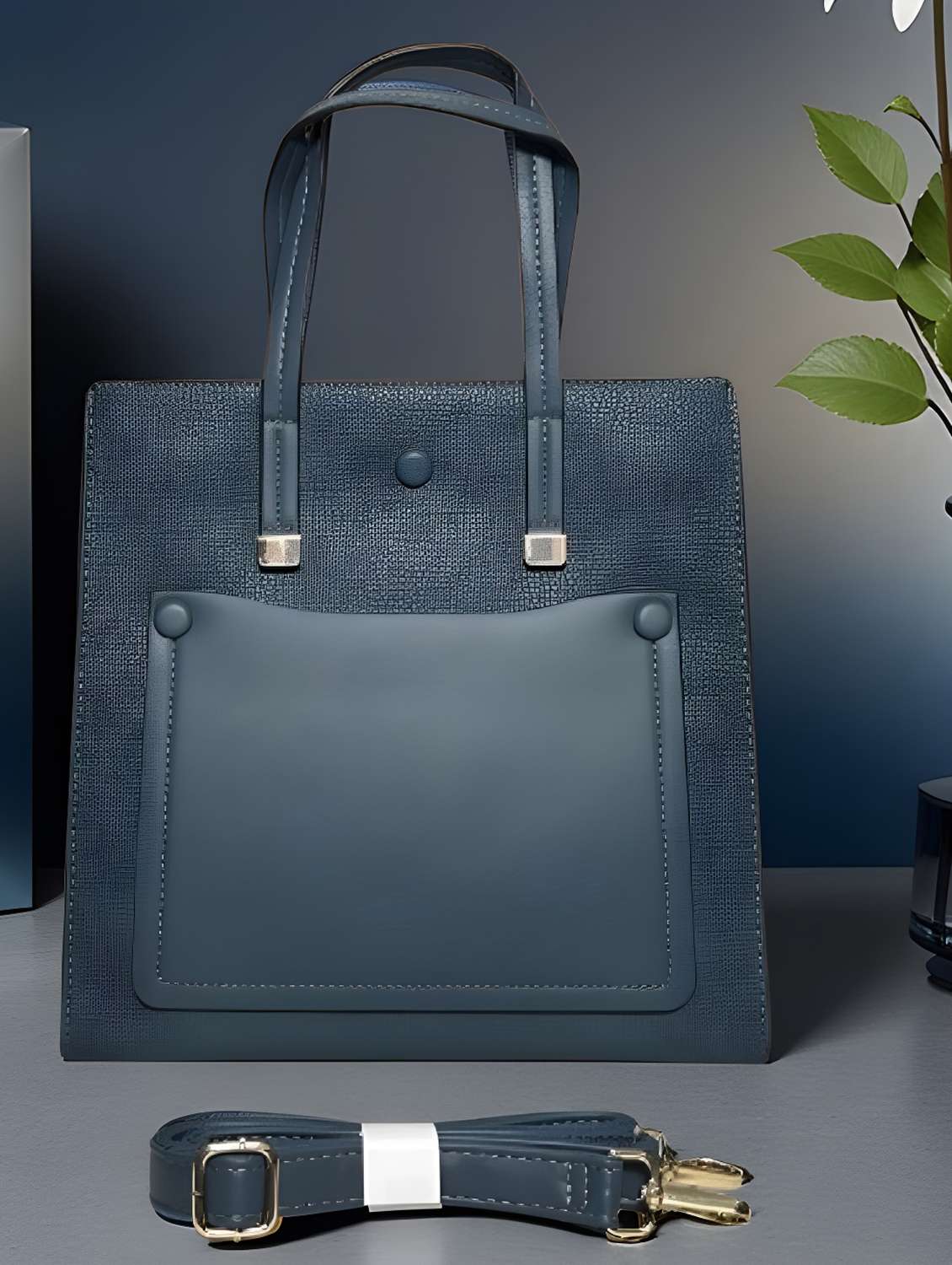 blue textured handbag with detachable strap - 22080788 -  Zoom Image - 0