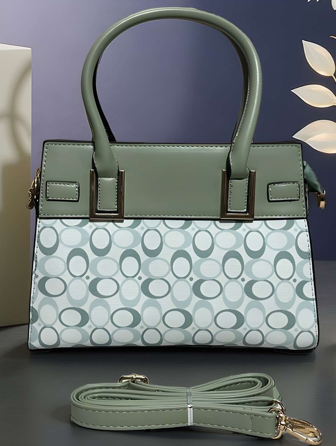 green geometric print handbag with handle
