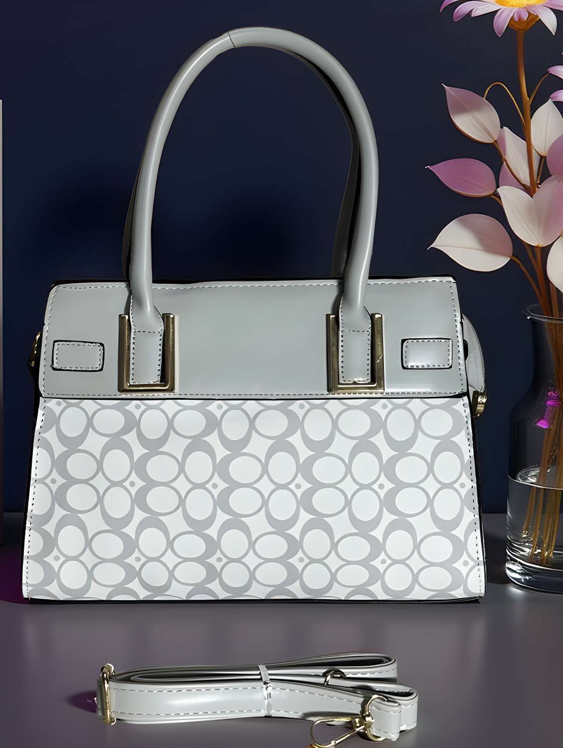 grey geometric print handbag with handle