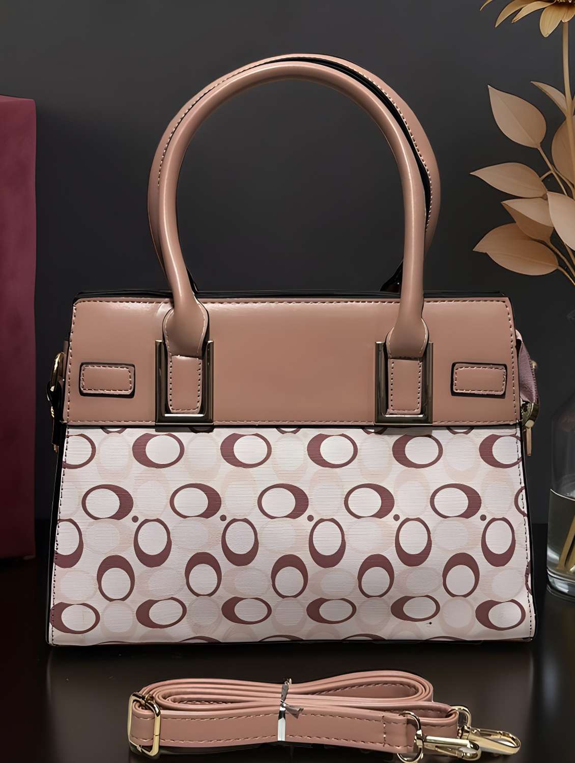 peach geometric print handbag with handle - 22080794 - Zoom Image - 0
