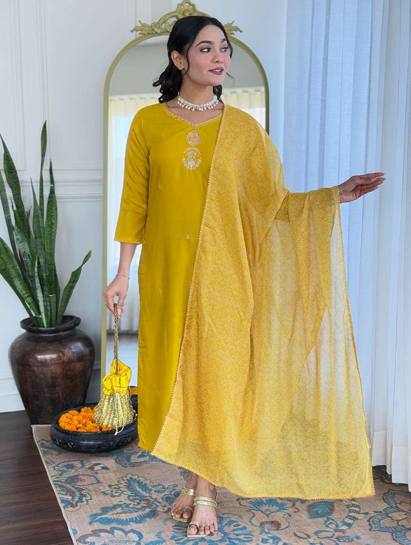 women embroidered three quarter sleeve kurta pant with dupatta set - 22080919 -  Zoom Image - 0