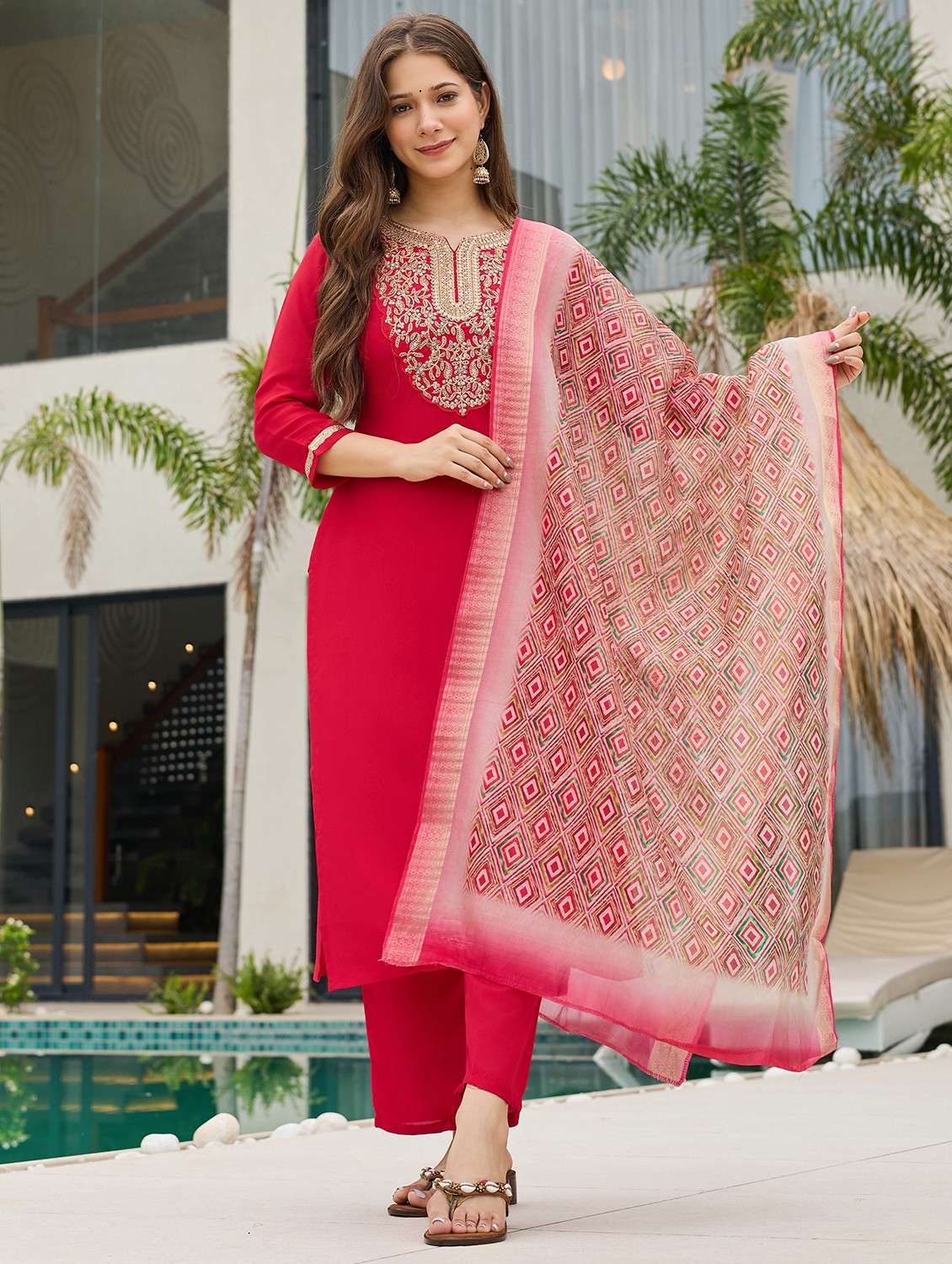 women embroidered three quarter sleeve kurta pant with dupatta set - 22080920 -  Zoom Image - 0