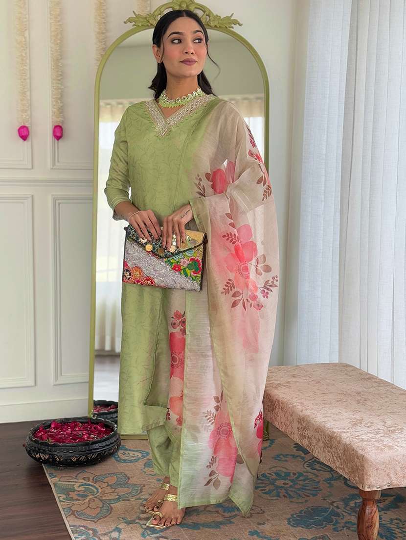 women embroidered three quarter sleeve kurta pant with dupatta set - 22080921 -  Zoom Image - 0