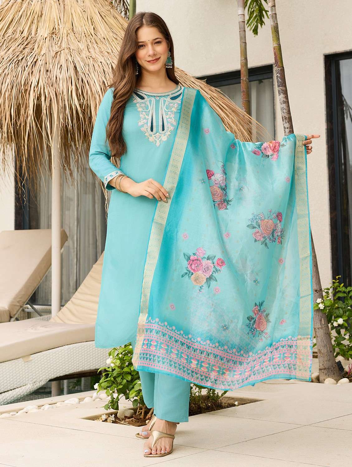 women embroidered three quarter sleeve kurta pant with dupatta set - 22080922 - Zoom Image - 0