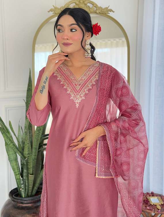 women embroidered three quarter sleeve kurta pant with dupatta set - 22080924 - Standard Image - 3