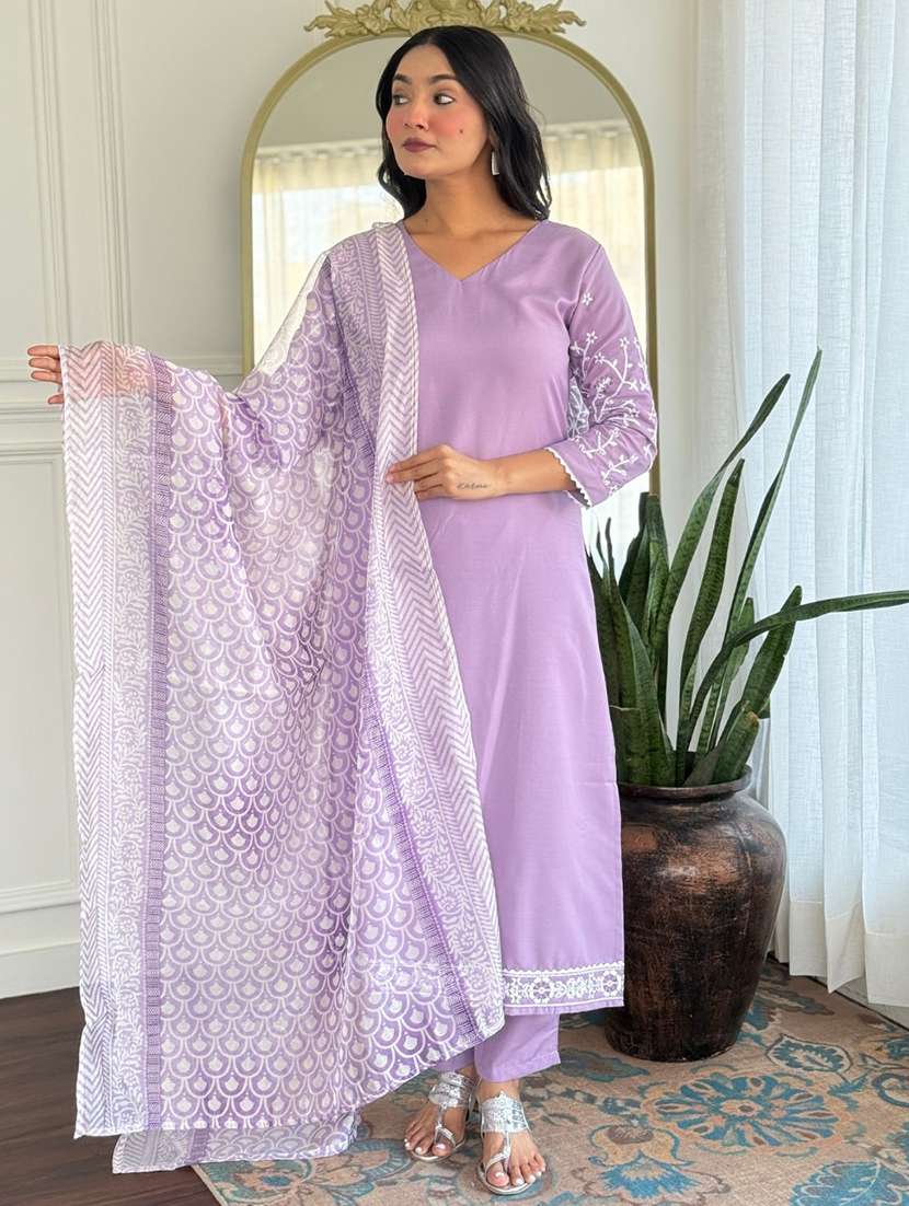 women embroidered three quarter sleeve kurta pant with dupatta set