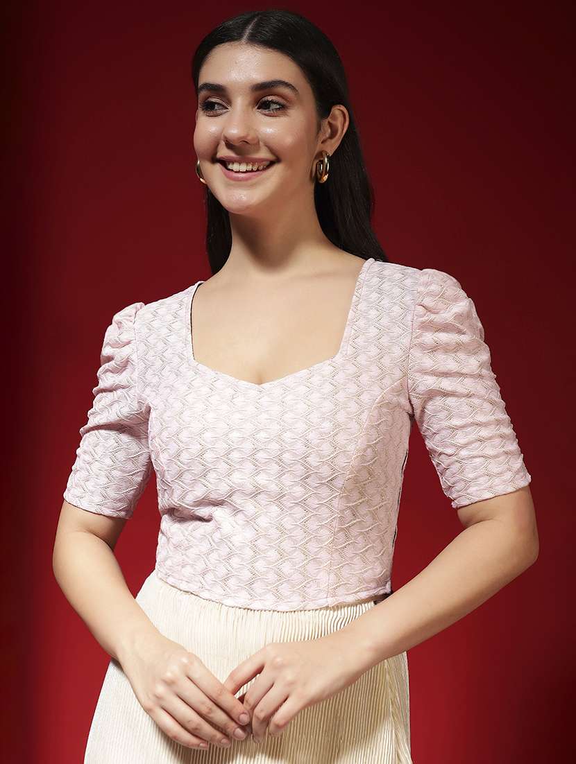 women self design puff sleeve stitched blouse