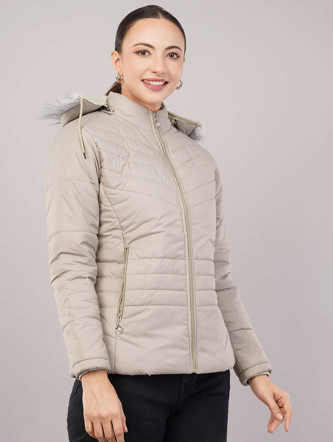 women solid long sleeve hooded quilted jacket