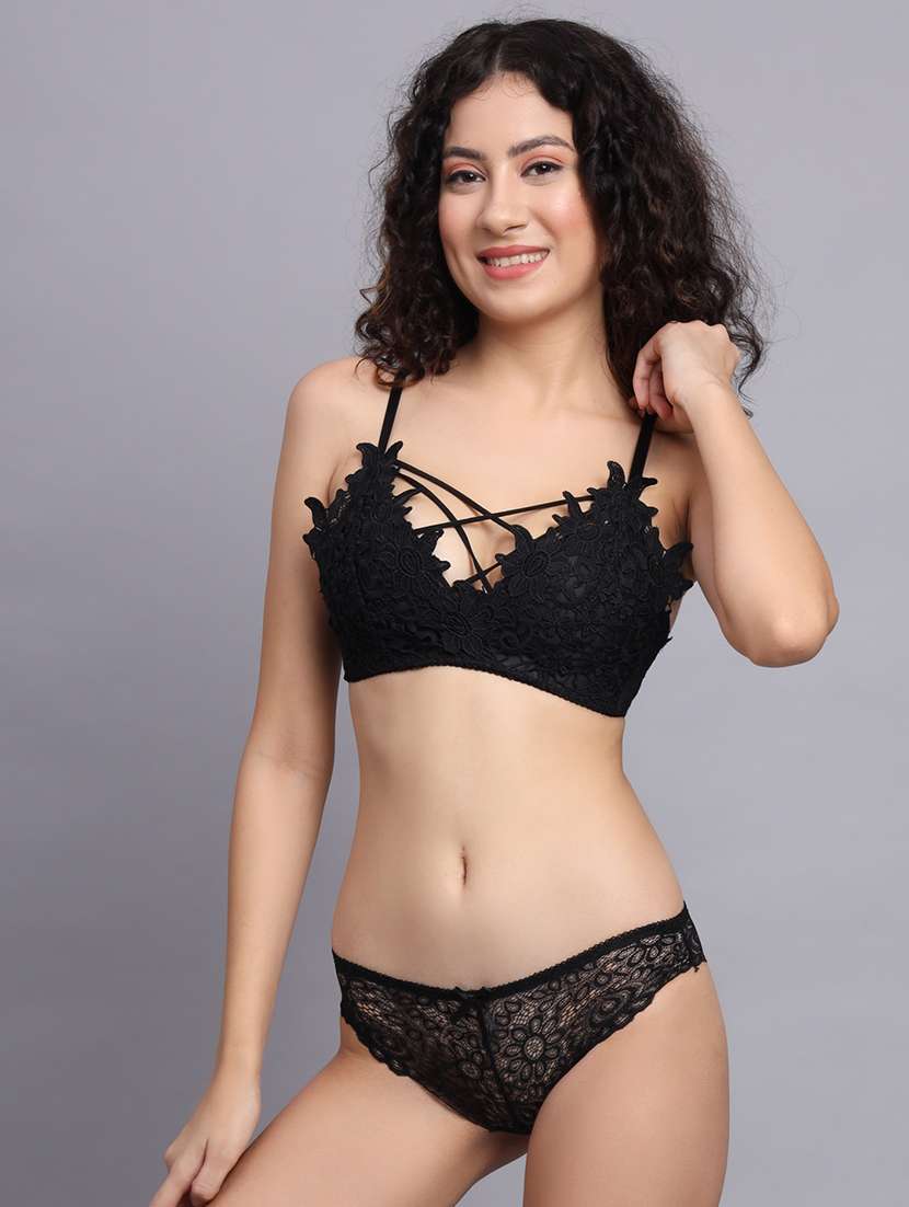 women solid lace bra and panty set