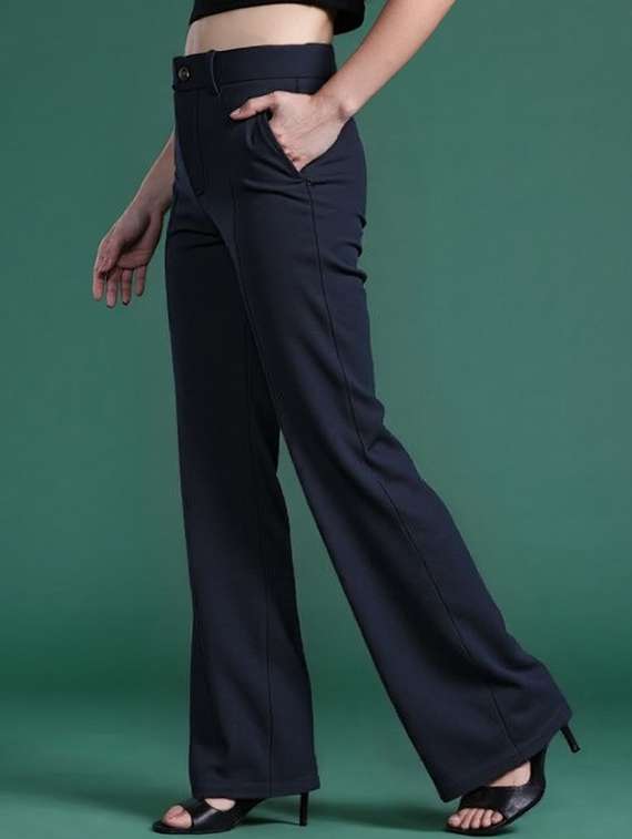 women solid high rise bootcut trouser